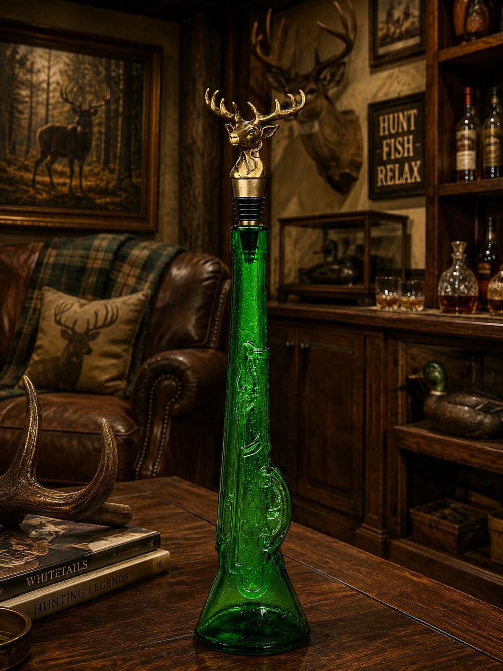 Vintage Empoli Green Glass Rifle Decanter Stag Deer Stopper Hunter Decor Italy